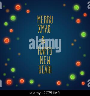 Vector illustration of Merry Xmas and Happy New Year greeting with green and red soft light circles. Low key light Stock Vector