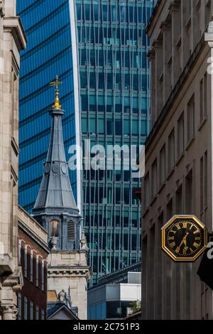 London, UK. 13th July, 2020. Old and new, the view down Lombard Street towards the Walkie Talkie, 20 Fenchurch Street - The area around Bank junction, teh heart of the City of London, remains pretty quiet, even in rush hour despite the easing of Coronavirus (COVID-19) lock-down. Credit: Guy Bell/Alamy Live News Stock Photo