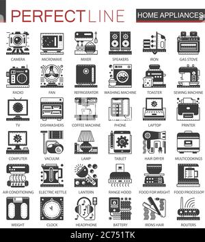 Home appliances classic black mini concept symbols. Household modern icon pictogram vector illustrations set Stock Vector