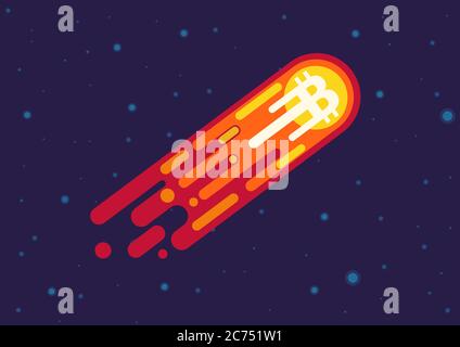 Vector illustration of comet with bitcoin symbol flying in open space. Stock Vector