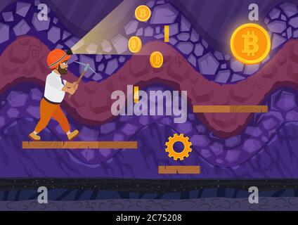 Vector illustration of man walking with pickaxe in bitcoin mine. Cartoon 2d game style illustration Stock Vector