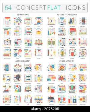 Infographics concept icons of 3d printing, future technology, game industry, cyber security. Premium quality vector flat design for web graphics isolated Stock Vector