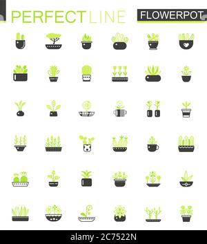 Double color Black green classic House plants and flowers in Flowerpots icons set isolated Stock Vector