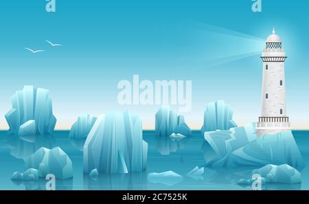 Vector Winter landscape of Lighthouse in the ice arctic ocean or sea with icebergs Stock Vector