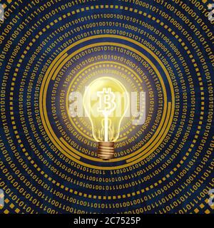 Vector illustration of bitcoin cryptocurrency emblem on lighting bulb. Stock Vector