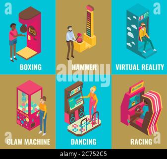 Amusement arcade game machine icon set vector flat isometric illustration Stock Vector