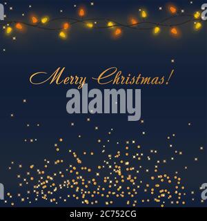 Glowing Christmas Lights Wreath for Xmas Holiday Greeting Cards Design. Merry Christmas Lettering label. Glowing lights Garlands Xmas Holiday greeting card design Stock Vector
