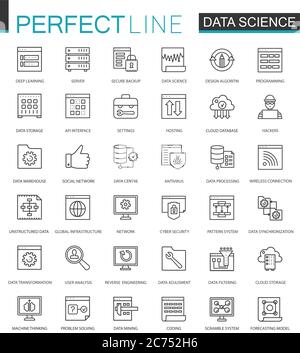 Data Science thin line web icons set. Data analysis outline stroke icons design Stock Vector