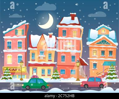 Christmas cartoon winter town in night. Vector llustration Stock Vector