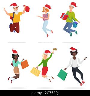 Set of cheerful happy people with gift boxes and Christmas hats Stock Vector