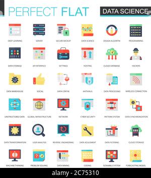 Vector set of flat data science, big data analytics, clous computing icons isolated Stock Vector