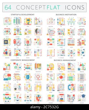 Infographics concept icons of startup development, business motivation, corporate management, business management. Premium quality vector flat design for web graphics isolated. Stock Vector
