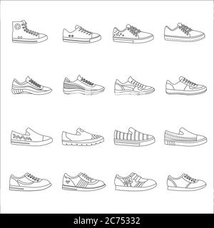 Sneakers shoes outline line stroke icons collection Stock Vector