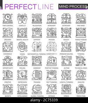 Mind brain process outline mini concept symbols. Imagination and mind power modern stroke linear style illustrations set. Perfect thin line icons Stock Vector