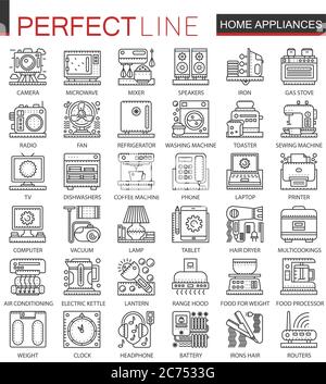 Household appliances outline mini concept symbols. Home appliances modern stroke linear style illustrations set. Perfect thin line icons Stock Vector