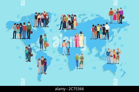 Vector illustration of social and demographic world map on blue background. Stock Vector