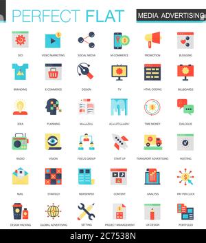Vector set of flat Media advertising icons isolated Stock Vector