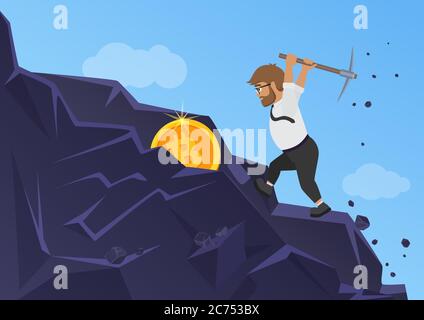 Bitcoin mining concept. Business man digging coin from the rock Stock Vector