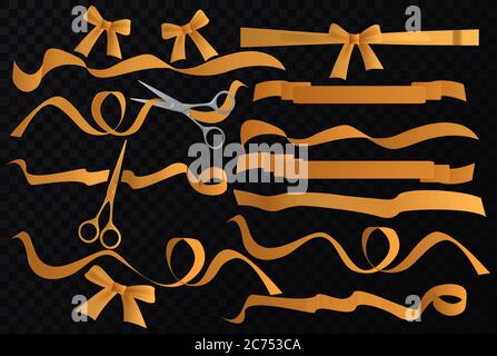 Vector Golden ribbons set with scissors on the black background Stock Vector