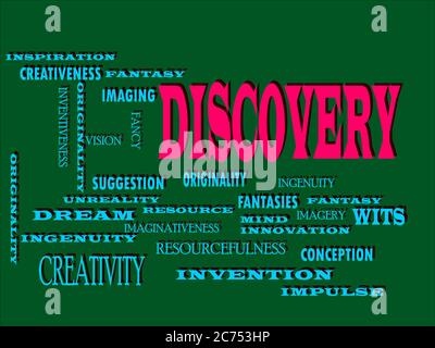 Discovery word designed with multiple related text mean on colorful vector cloud abstract. Stock Vector