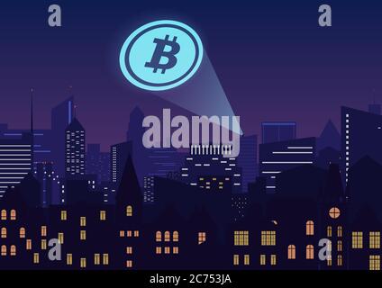 Vector illustration of bitcoin cryptocurrency projector in city at night Stock Vector