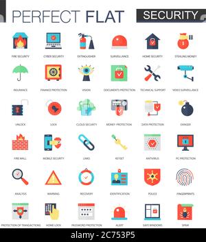 Vector set of flat Security and Safety icons isolated Stock Vector