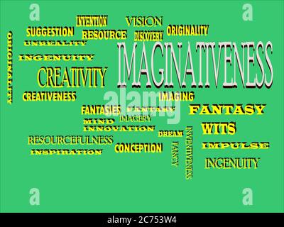 IMAGINATIVENESS word designed with multiple related text mean on colorful vector cloud abstract. Stock Vector