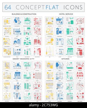 Infographics concept icons of building construction, hotel service, modern city, kitchen icons. Vector Premium quality mono color flat design isolated. Stock Vector