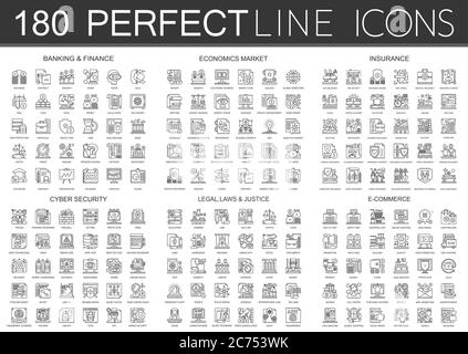 180 outline mini concept infographic symbol icons of finance banking, economics market, imsurance, cyber security, legal laws and justice, e-commerce isolated. Stock Vector