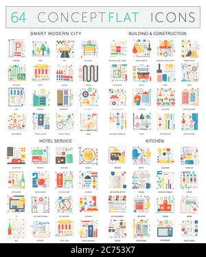 Infographics concept icons of smart city, building construction, hostel service, kitchen. Premium quality vector flat design for web graphics isolated. Stock Vector