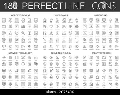180 modern thin line icons set of web development, video games, 3d modeling, network technology, cloud data technology, creative process isolated Stock Vector