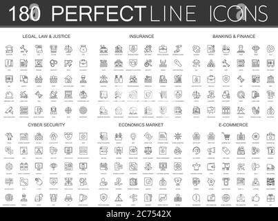 180 modern thin line icons set of legal, law and justice, insurance, banking finance, cyber security, economics market, e commerce isolated. Stock Vector