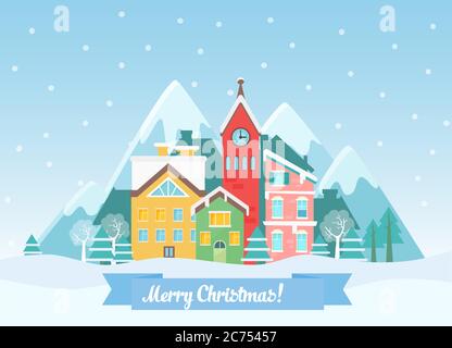 Vector Flat winter Christmas cityscape near mountains. Urban town landscape with falling snow and city with cute houses. Stock Vector