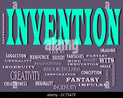 INVENTION word designed with multiple related text mean on colorful vector cloud abstract. Stock Vector