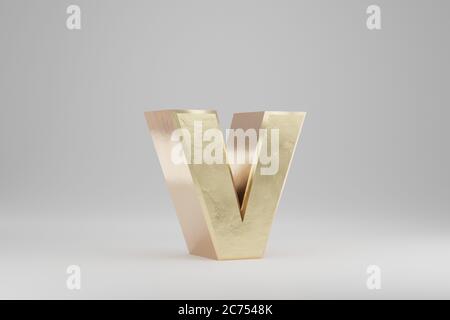 Gold 3d letter V lowercase. Golden letter isolated on white background. Golden alphabet with imperfections. 3d rendered font character. Stock Photo