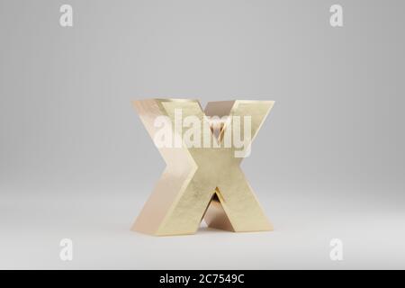 Gold 3d letter X lowercase. Golden letter isolated on white background. Golden alphabet with imperfections. 3d rendered font character. Stock Photo