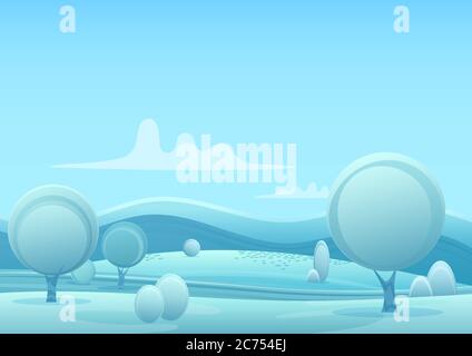 Cartoon winter game style landscape with with ice, trees, cloudy sky and snow mountains hills. Background for games Stock Vector