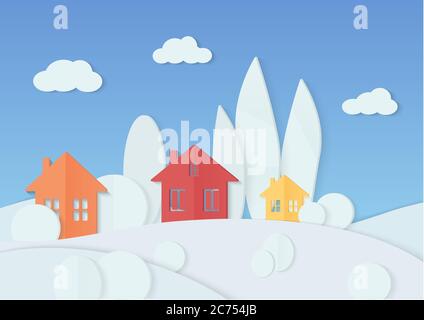 Vector illustration of simple colorful houses placed in minimal trees covered with snow. Winter christmas village cardboard paper landscape. House, mountains and forest Stock Vector
