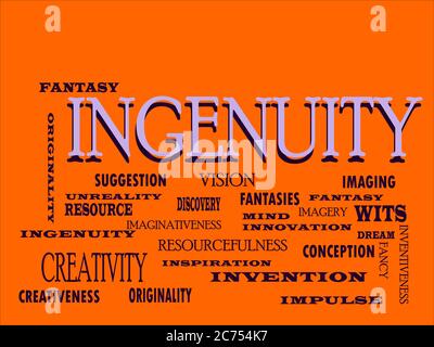 INGENUITY word designed with multiple related text mean on colorful vector cloud abstract. Stock Vector