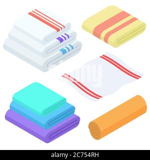 Cartoon isometric towels vector set. Cloth folded towel for bath Stock Vector