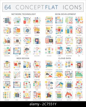 Infographics concept icons of network technology, seo development, web design, cloud data. Premium quality vector flat design for web graphics isolated Stock Vector