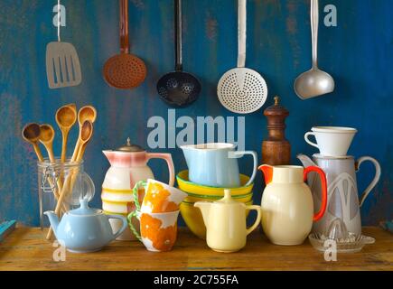 Collection Of Vintage Kitchenware, Blue Background Stock Photo, Picture and  Royalty Free Image. Image 34987754.