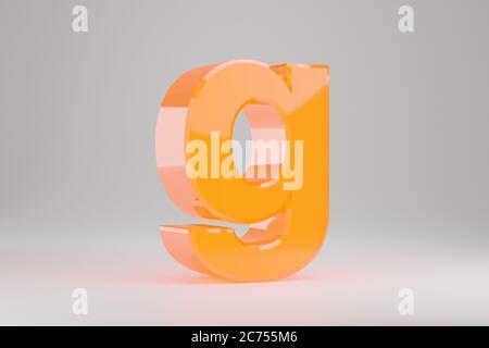 Neon 3d letter G lowercase. Yellow neon letter isolated on white background. Glossy yellow neon glowing alphabet. 3d rendered font character. Stock Photo