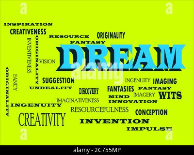 Dream word designed with multiple related text mean on colorful vector cloud abstract. Stock Vector