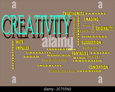 Creativity word designed with multiple related text mean on colorful vector cloud abstract. Stock Vector