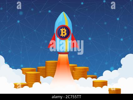 Vector Concept Illustration of Bitcoin growth with rocket and coins. Cryptocurrency Pump Stock Vector