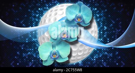 3d wallpaper, blue orchids, sphere on blue abstract background. Stock Photo