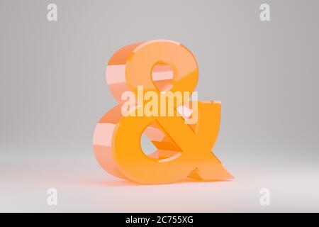 Neon 3d ampersand symbol. Yellow neon sign isolated on white background. Glossy yellow neon glowing alphabet. 3d rendered font character. Stock Photo