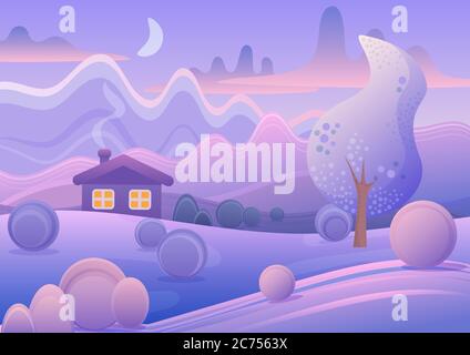 Vector illustration of cute small house in purple winter forest Stock Vector