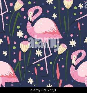 Flamingo bird vector seamless pattern. Cartoon tropical summer background with pink exotic jungle animal, tropic palm and flowers. Kid illustration. Stock Vector